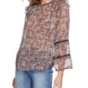1.STATE Women's Forest Gardens Lace Inset Chiffon Blouse Black